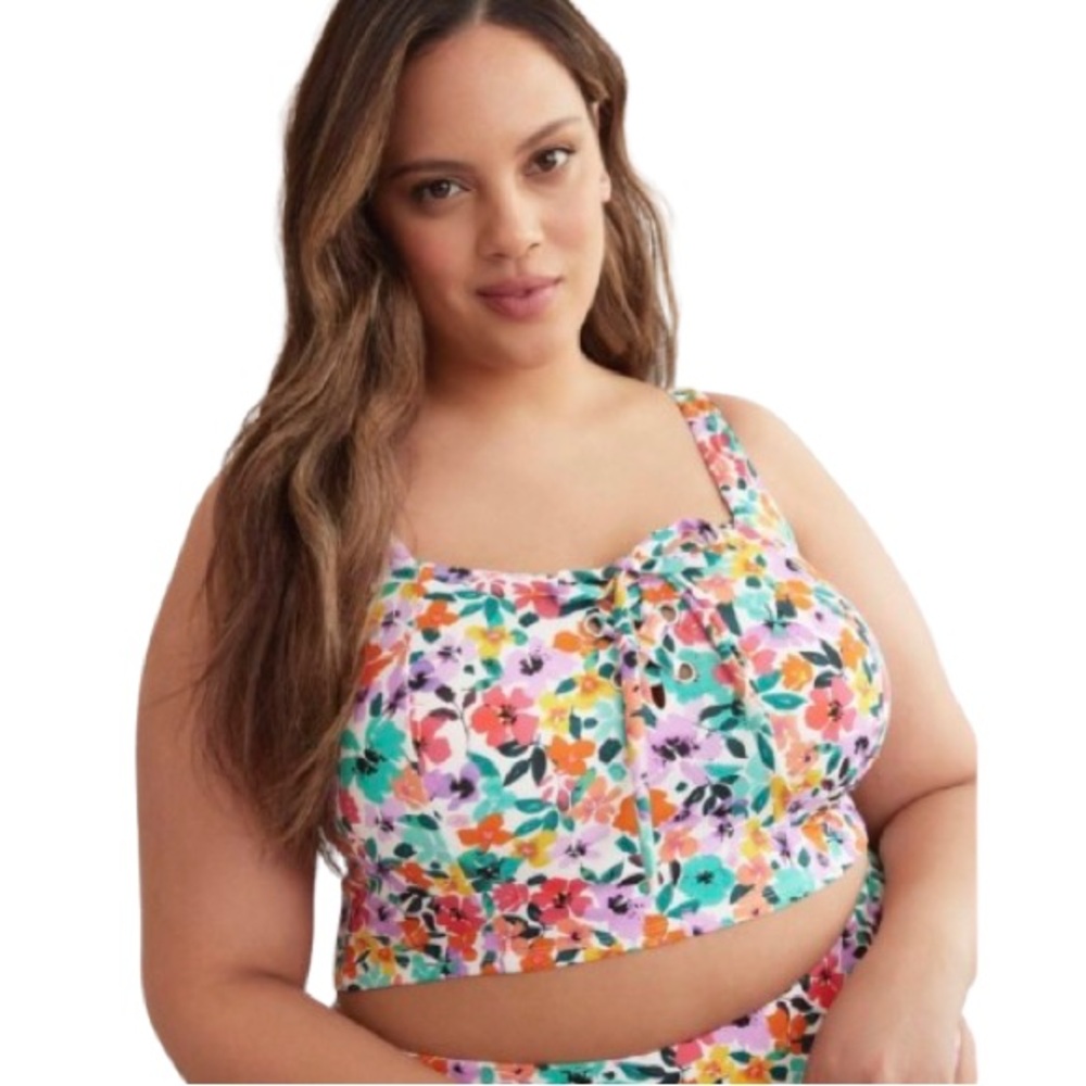 Pennington Lace-Up Longline Square Orchid Bouquet Print Bikini Top 1X NWT
